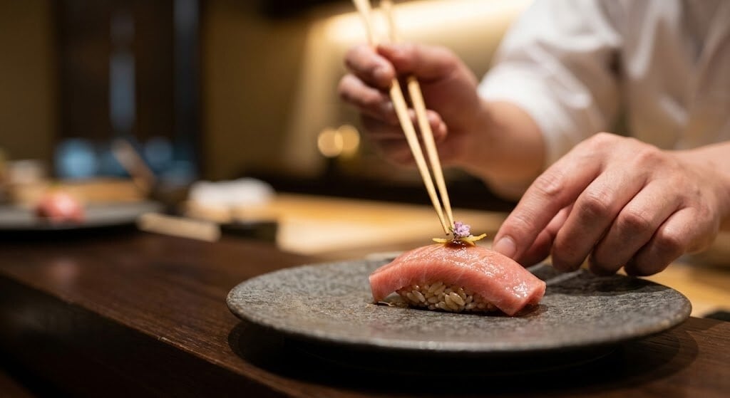 Chef uses chopsticks to place a small garnish on a tuna nigiri sushi on a dark slate plate.