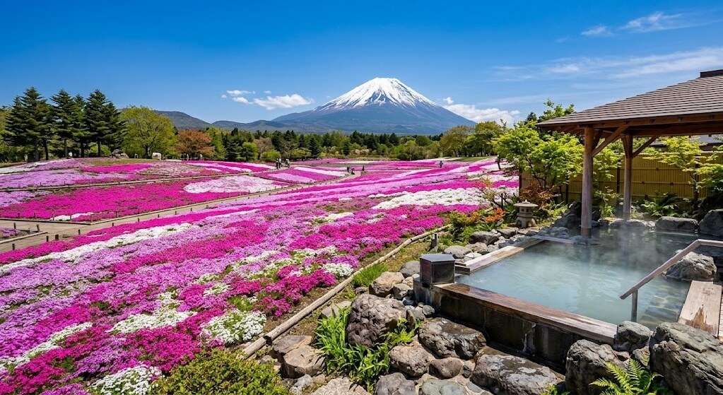 Mt. Fuji rises in the distance over a field of bright pink and white flowers, with a steaming outdoor hot spring and wooden pavilion on the right.