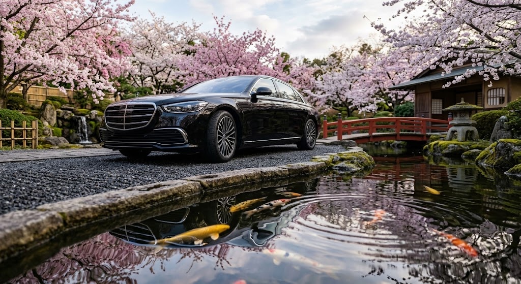 A luxurious private car parked near a traditional Japanese garden, waiting for VIP guests.