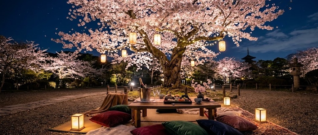 A luxurious private cherry blossom picnic setup at night featuring lanterns and soft cushions under a pink canopy.