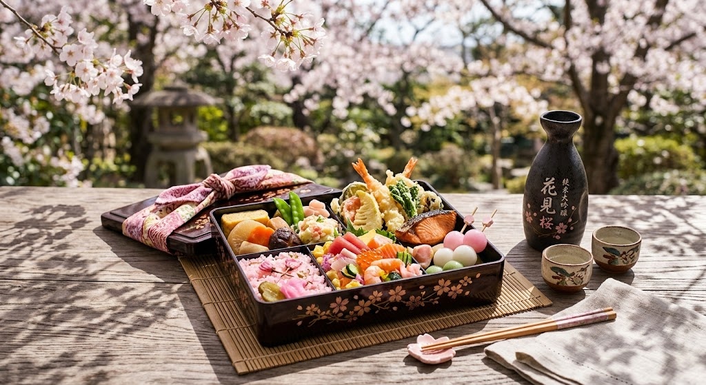 A luxurious gourmet hanami bento box paired with premium sake for a private picnic.