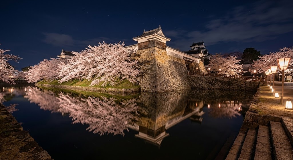 Illuminated cherry blossoms reflecting in a moat near a traditional Japanese castle in Kanazawa.