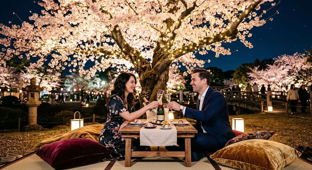 A couple enjoying a luxury yozakura experience, clinking champagne glasses under glowing cherry blossoms.