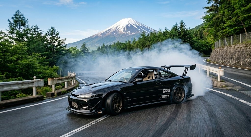 A premium black touring vehicle driving on a winding mountain road in Japan with Mount Fuji in the background.