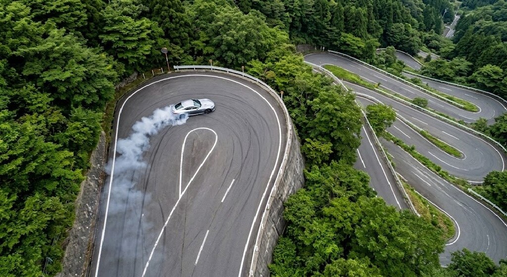 Car performing a high-speed drift on a winding mountain road, white smoke trailing the tires as it circles a hairpin turn on a forested slope.