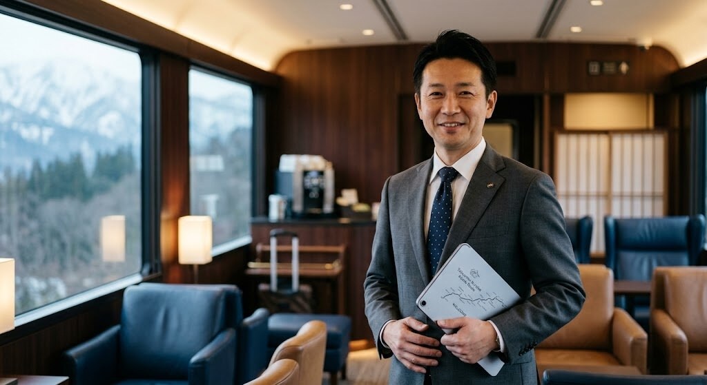 Smiling businessman in a gray suit stands in a wood-paneled lounge, holding a tablet.