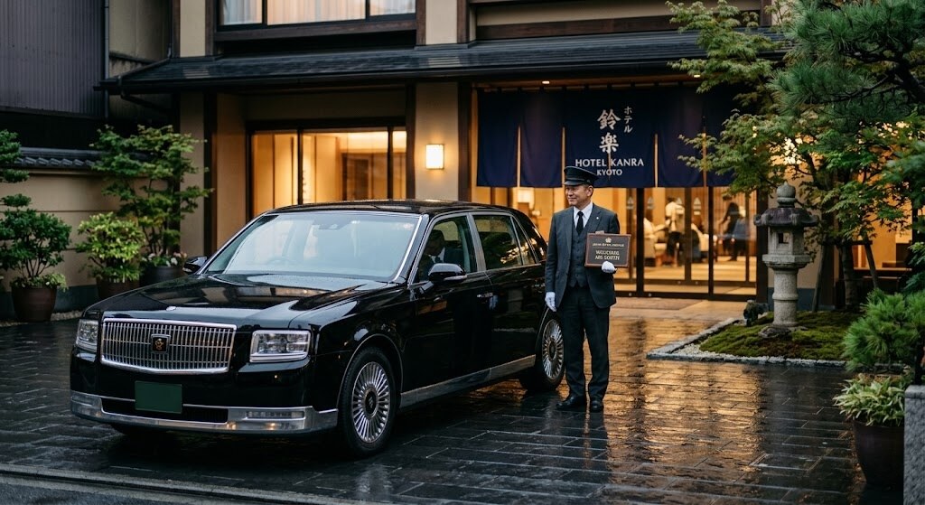 Chauffeur in a suit and hat stands next to a black luxury car parked in front of Hotel Kanra Kyoto and its lit entrance.