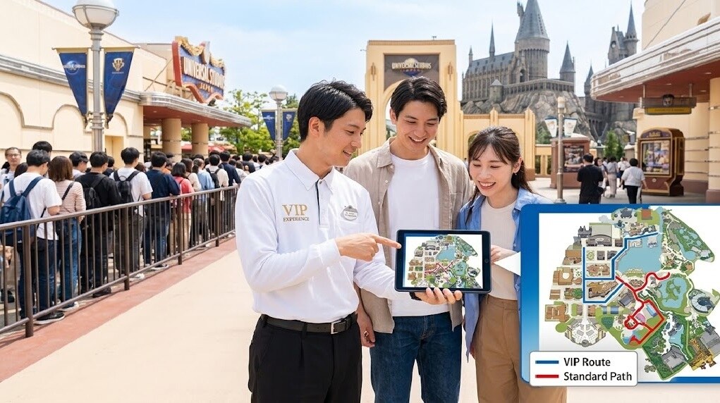 Staff member shows visitors a tablet map of the park, explaining routes to them.