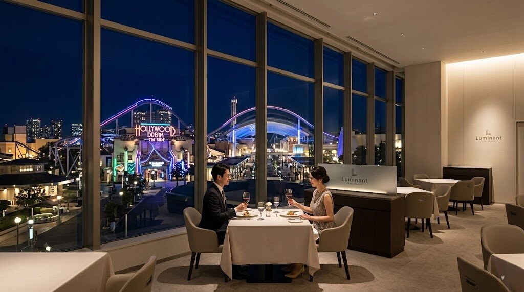 Couple dining at a white-tablecloth table by floor-to-ceiling windows, night city lights and a neon Hollywood Dream sign outside.