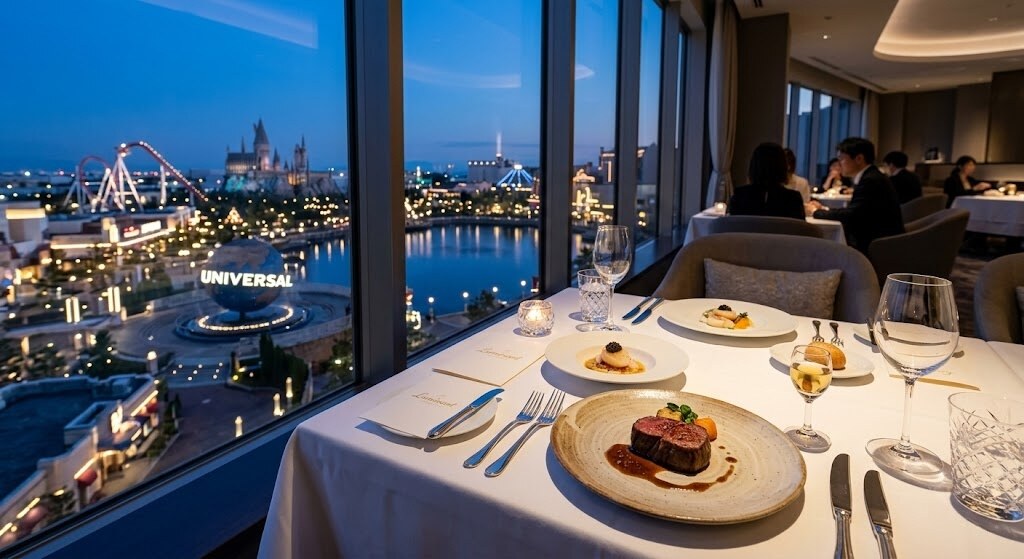 Restaurant table by a window overlooking a city at dusk, featuring plated steak and wine glasses in the foreground.