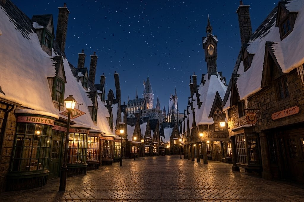 Snow-covered cobblestone street at night with warmly lit storefronts and Hogwarts towers in the distance under a starry sky.