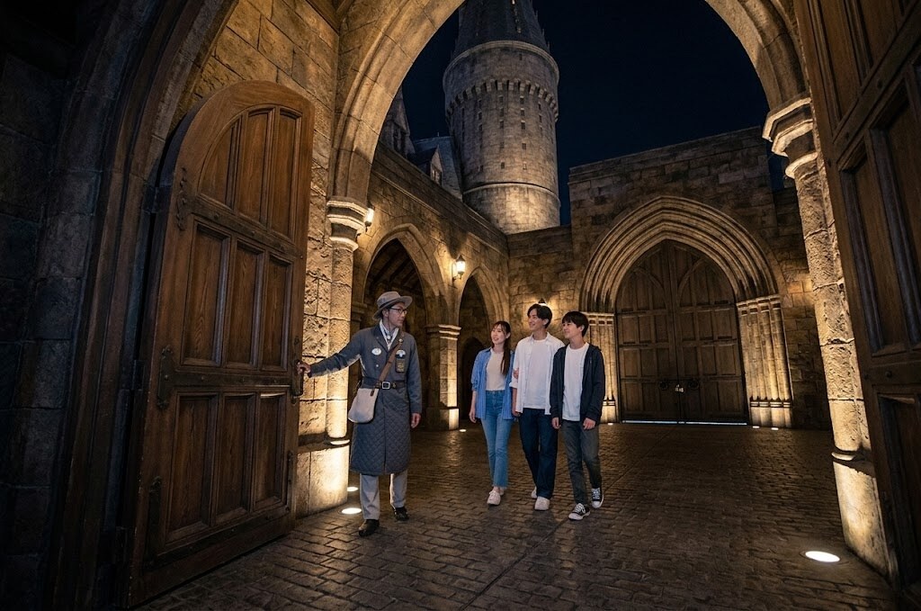 Tour guide in period costume leads three visitors through a dimly lit castle archway at night.