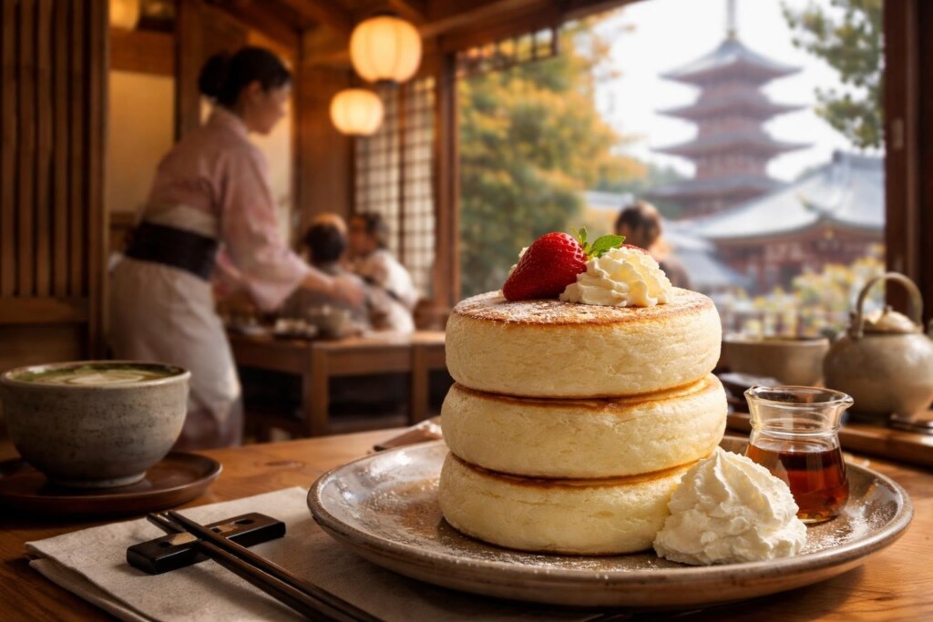 Three-stack fluffy pancakes topped with whipped cream and a strawberry in a cozy Japanese cafe setting.