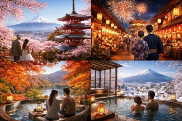 Four-panel collage: romantic Japan scenes—cherry blossoms with a pagoda and Mt. Fuji; a lantern-lit night market with fireworks; a couple by an autumn lake; a couple in a hot spring with a snowy Mt. Fuji in the background.