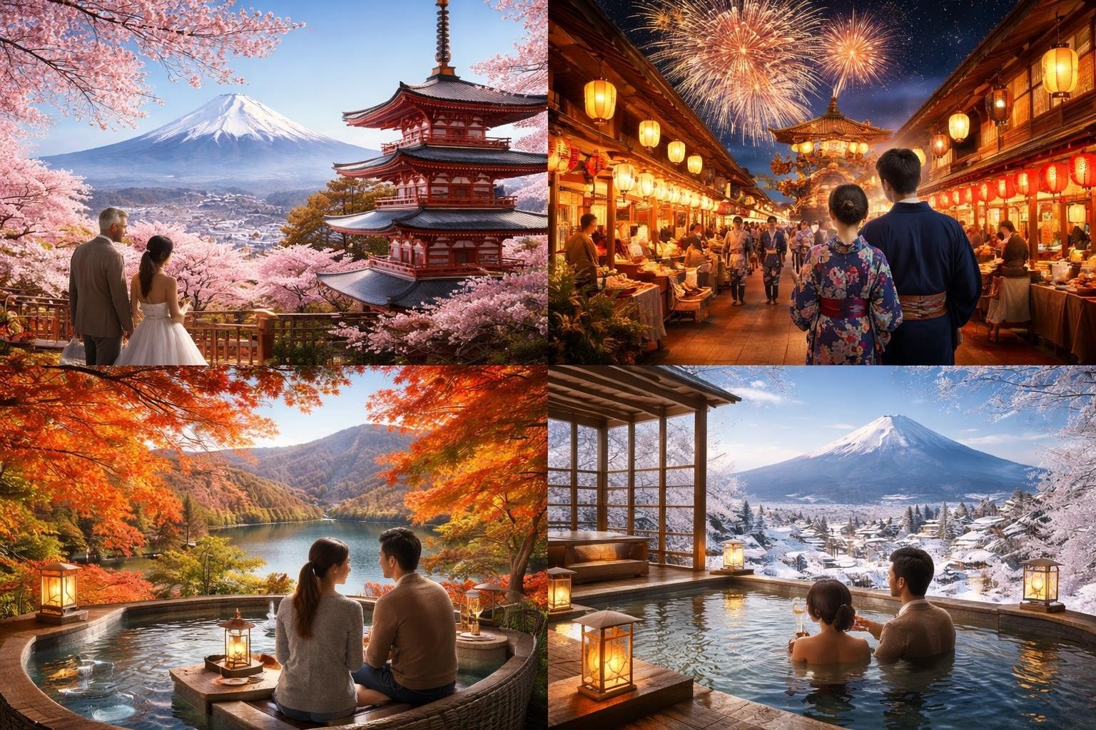 Four-panel collage: romantic Japan scenes—cherry blossoms with a pagoda and Mt. Fuji; a lantern-lit night market with fireworks; a couple by an autumn lake; a couple in a hot spring with a snowy Mt. Fuji in the background.