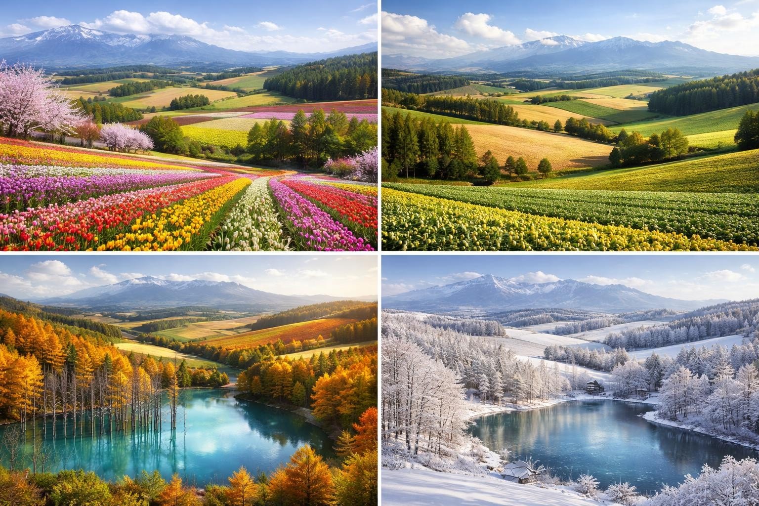 Quad-panel landscape collage showing four seasons: spring tulip fields with distant mountains, summer green hills, autumn trees by a turquoise lake, and a snow-covered mountain lake scene in winter.