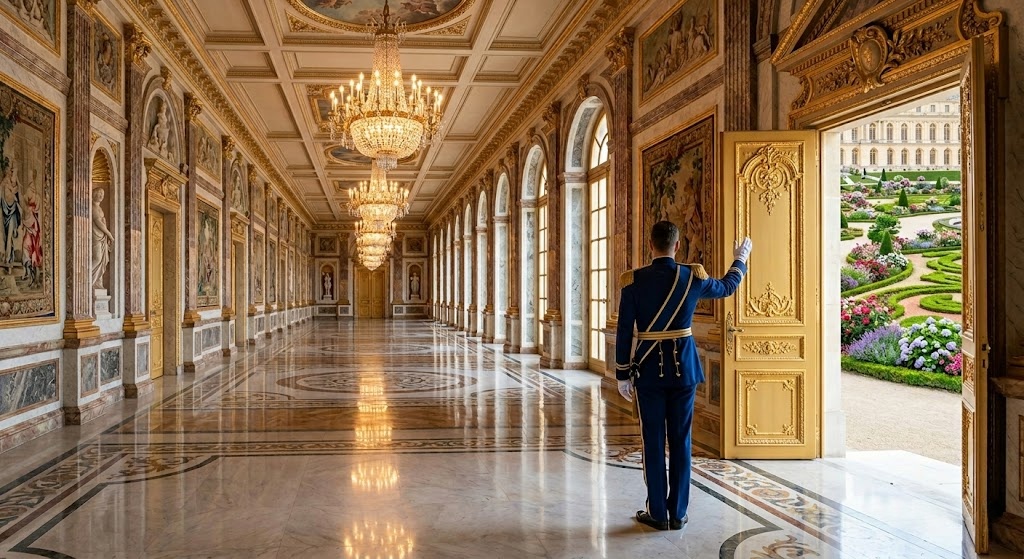 A professional Disney VIP guide in a formal suit stands at an ornate private gate, gesturing toward an empty, beautiful path within the Fantasy Springs area of Tokyo.