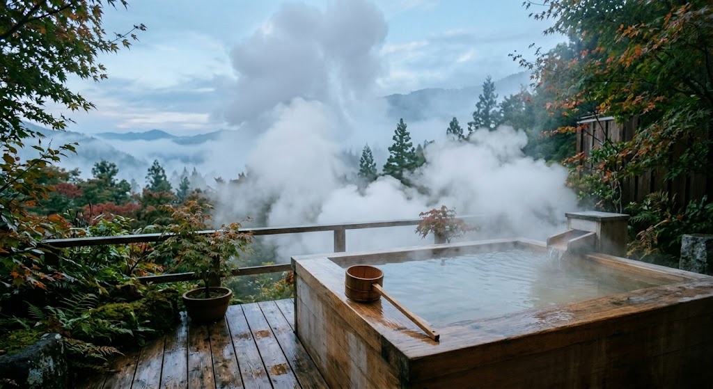 A steaming wooden private hot spring bath on a modern balcony overlooks a misty Japanese forest, capturing a moment of profound solitude and luxury.