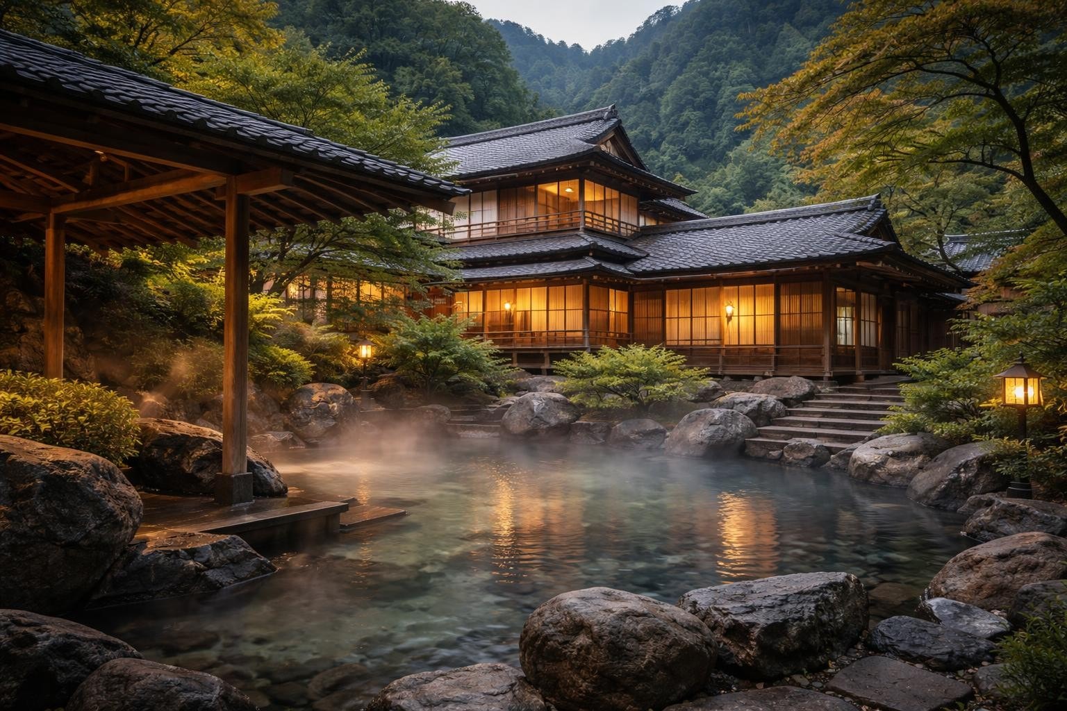 Traditional Japanese inn (onsen) with warm-lit windows, steam rising from a rocky hot spring pond in a forested mountain setting