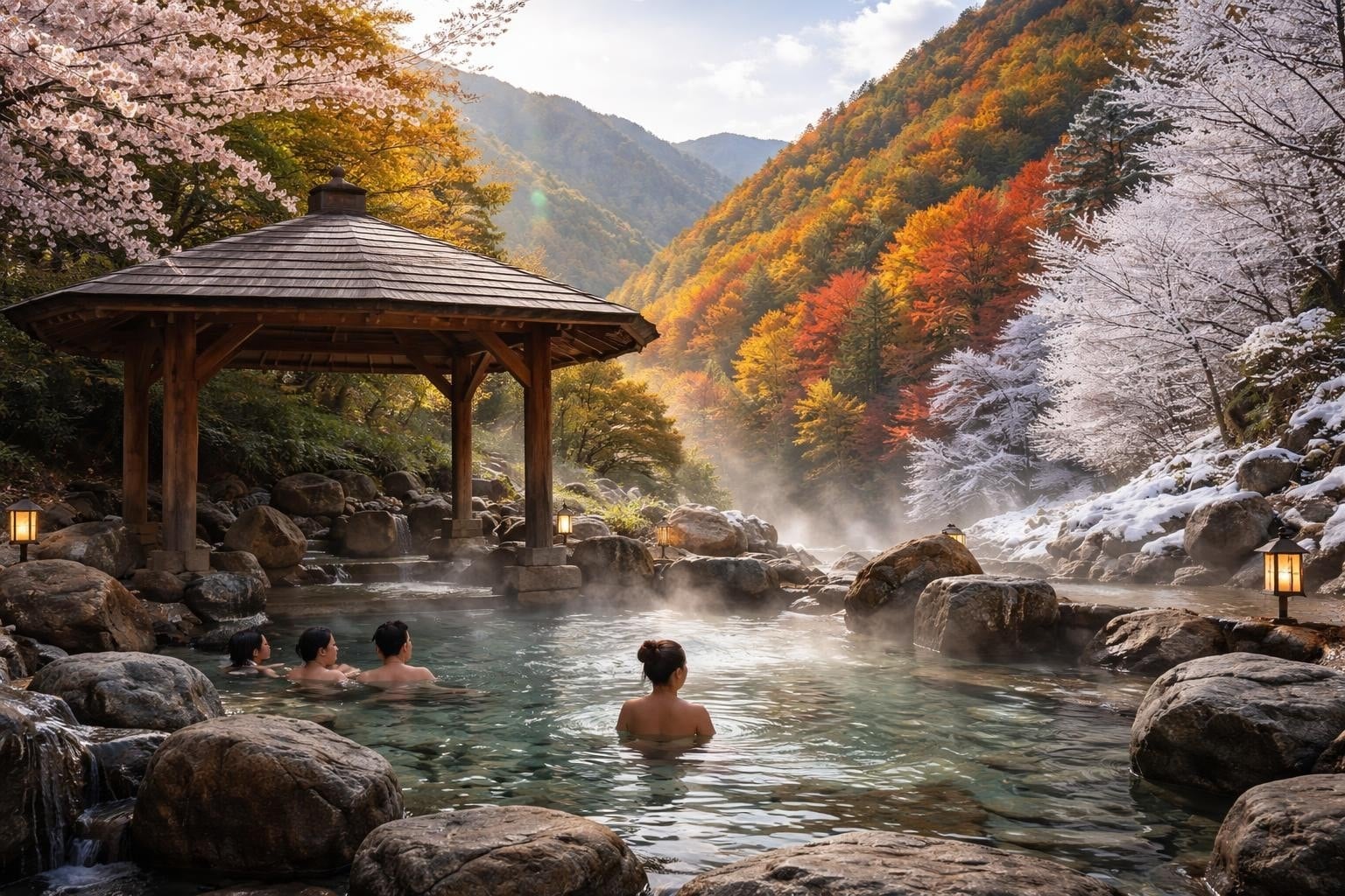 Hot spring pool with several bathers under a wooden pavilion, surrounded by autumn foliage and misty mountains.