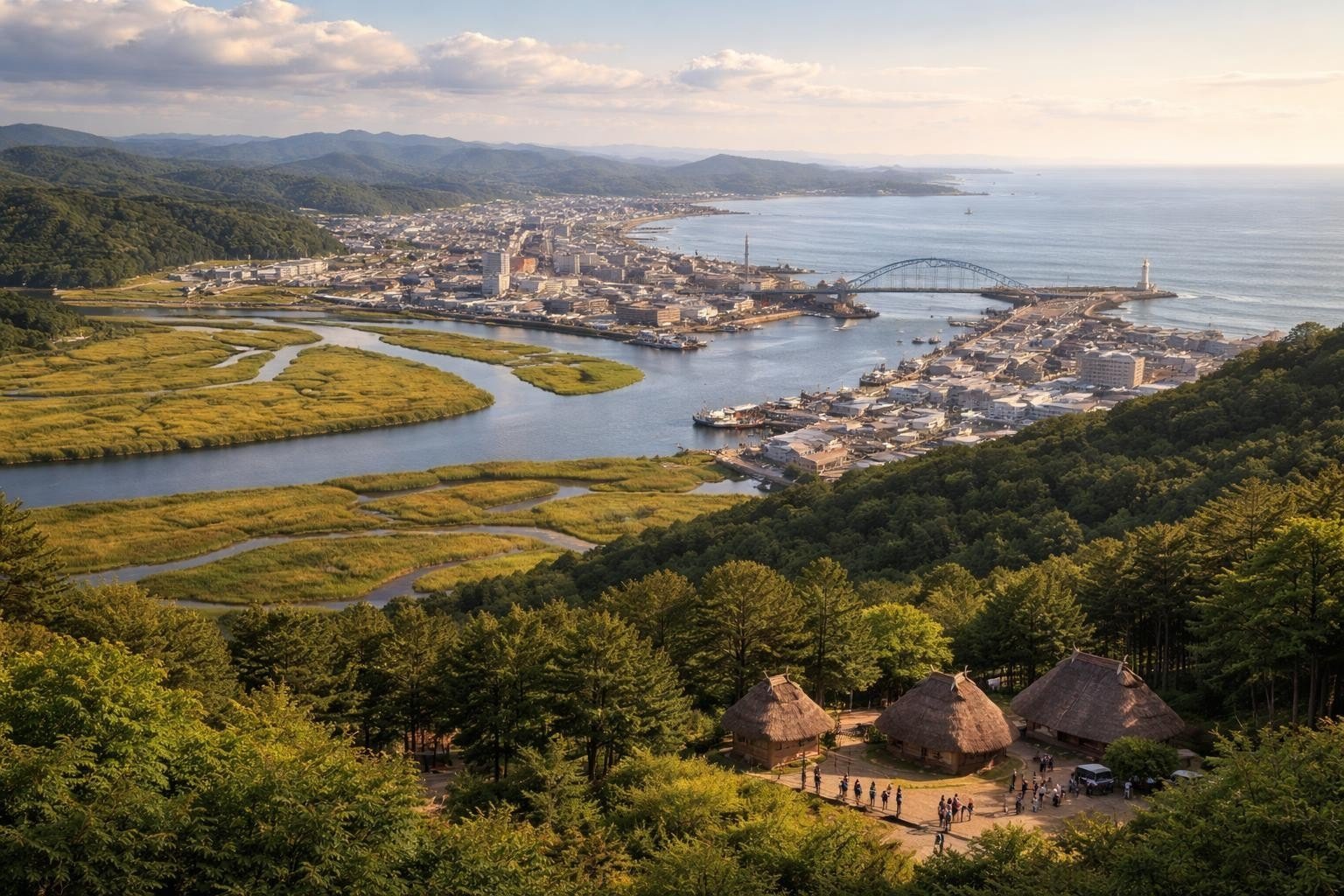 A coastal town along a bay with a bridge, rolling hills, and a tidal marsh delta; foreground shows thatched huts and visitors in a forest overlook.