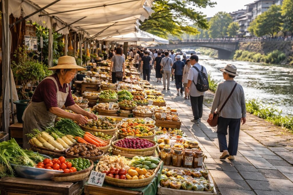 Elderly market vendor wearing a straw hat arranges baskets of fresh vegetables along a riverfront market street.