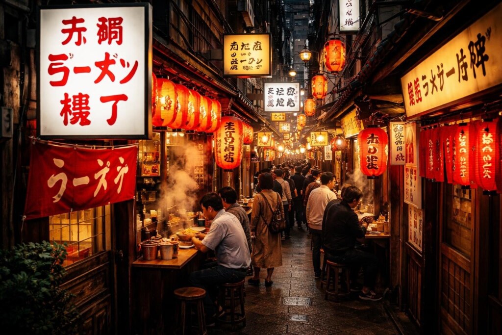 Busy narrow Japanese dining alley at night, with glowing red lanterns, wooden stalls, and diners eating at counter seating.