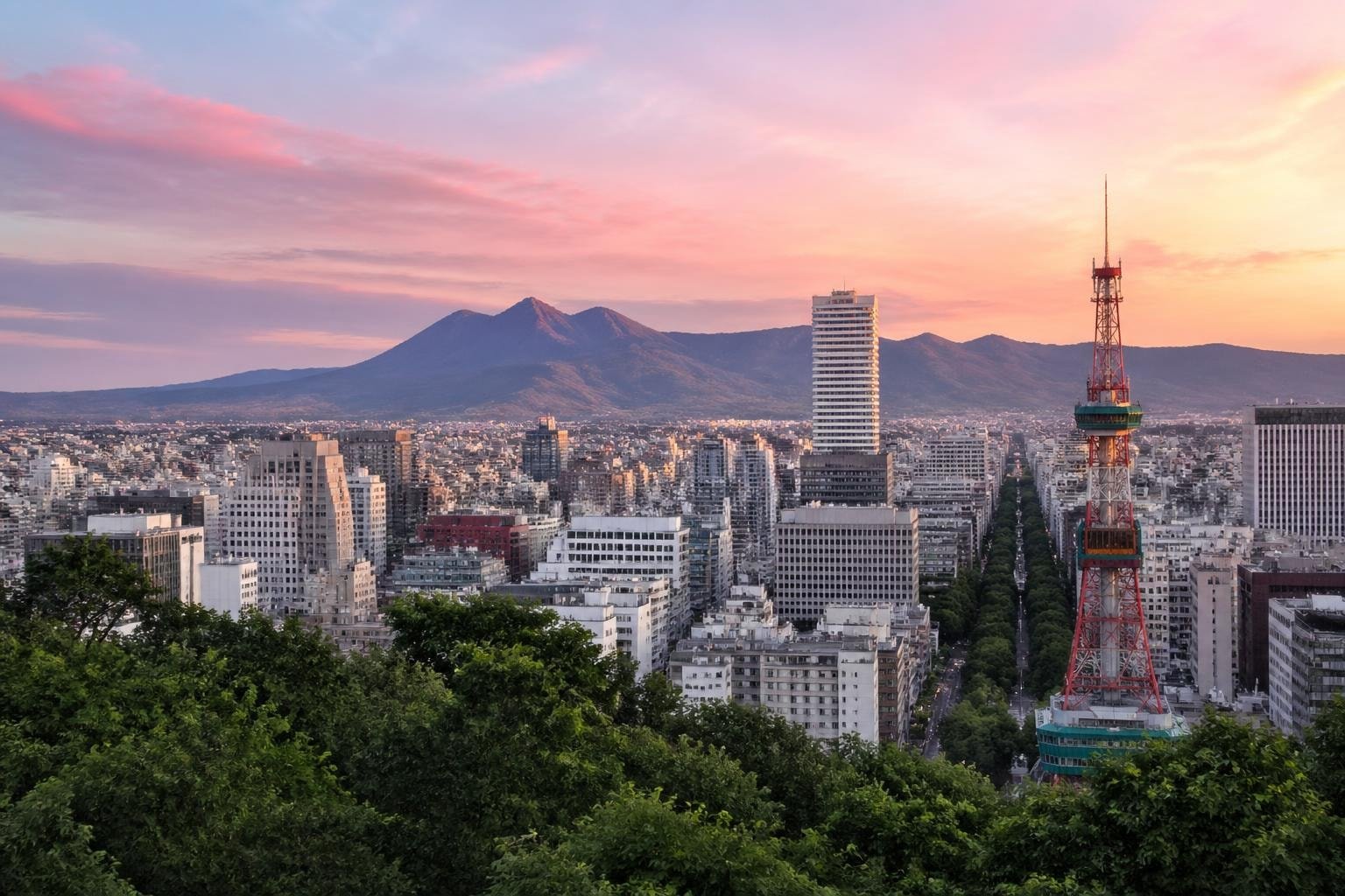 Sunset over a dense city with a mountain range in the distance; a tall white skyscraper and a red communications tower rise among gray buildings, with green trees in the foreground.