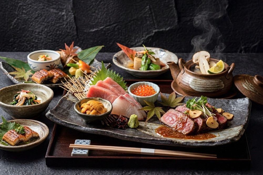 Assorted Japanese meal: sashimi platter with tuna and white fish, roe, garnishes, and wasabi on a ceramic tray with side dishes and a hot pot nearby.