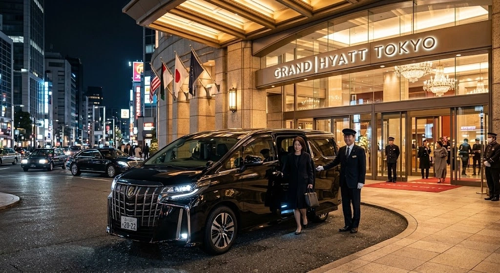 Chauffeur in uniform opens the door for a guest beside a black luxury van in front of Grand Hyatt Tokyo at night.