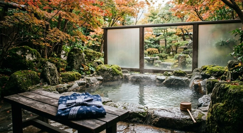 An image capturing a private, authentic Japanese open-air hot spring bath nestled among rocks and trees, showcasing a serene, exclusive atmosphere away from crowds, perfect for a luxurious, private ryokan experience.