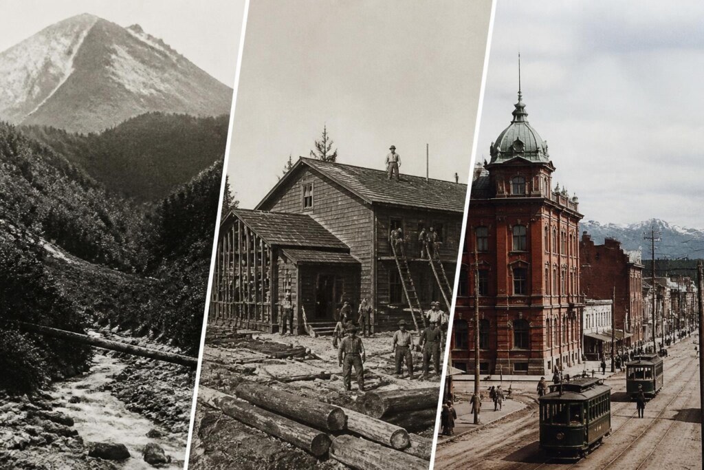 Triptych collage showing three historical scenes: a rugged mountain landscape with forest and river on the left, a wooden building under construction with workers in the center, and a red brick city street with a dome-topped building and vintage tram on the right
