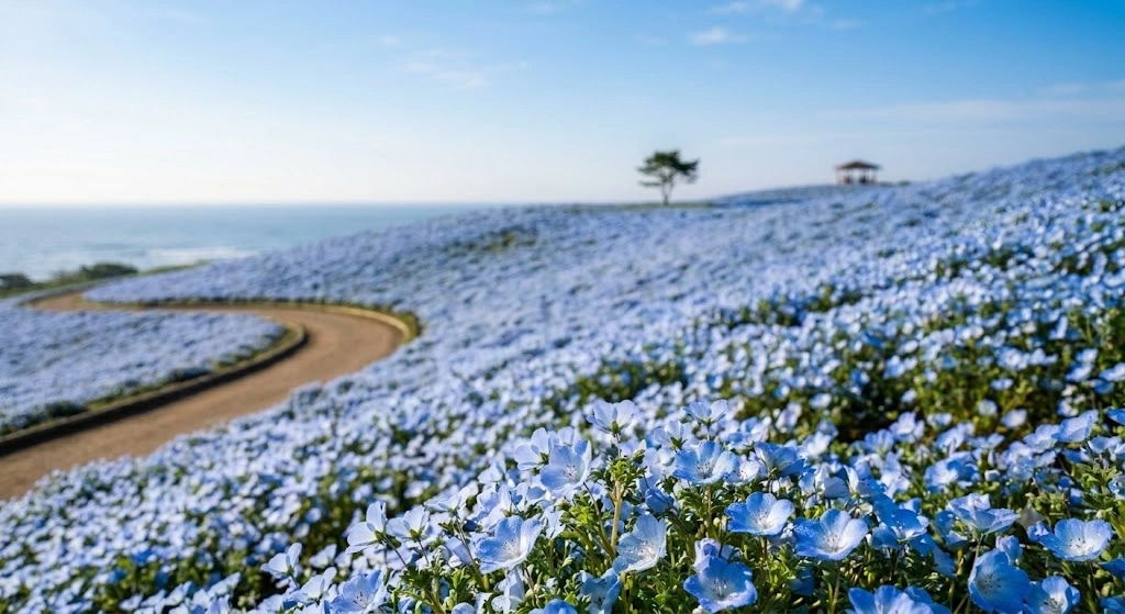 Rolling hills covered in millions of blue Nemophila flowers at Hitachi Seaside Park in Japan, blending into the sky.