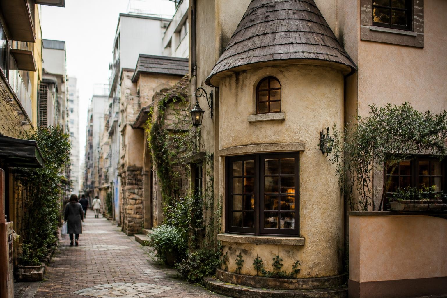 Narrow cobblestone alley with a beige turreted building on the right, warm light visible through the window; people walk away in the distance.