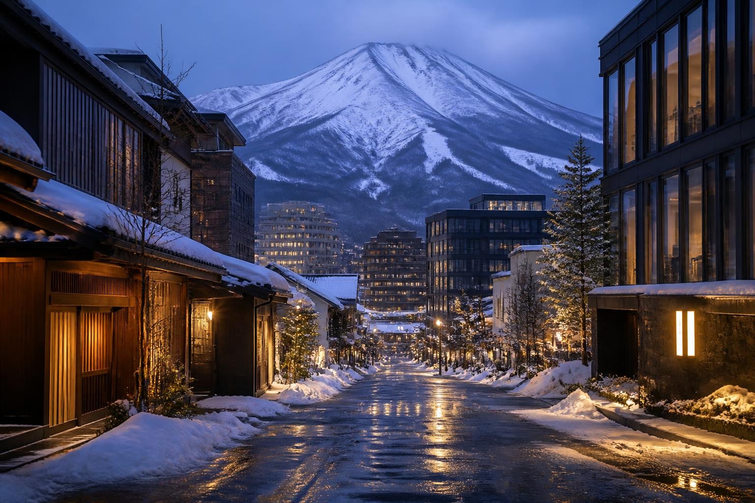 Snowy mountain town street at blue hour with warm-lit shops and modern buildings, snow on sidewalks and reflections on wet pavement.