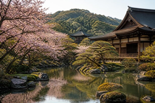 Cherry blossoms line a calm pond beside a traditional wooden temple, with a distant pagoda on a hillside.