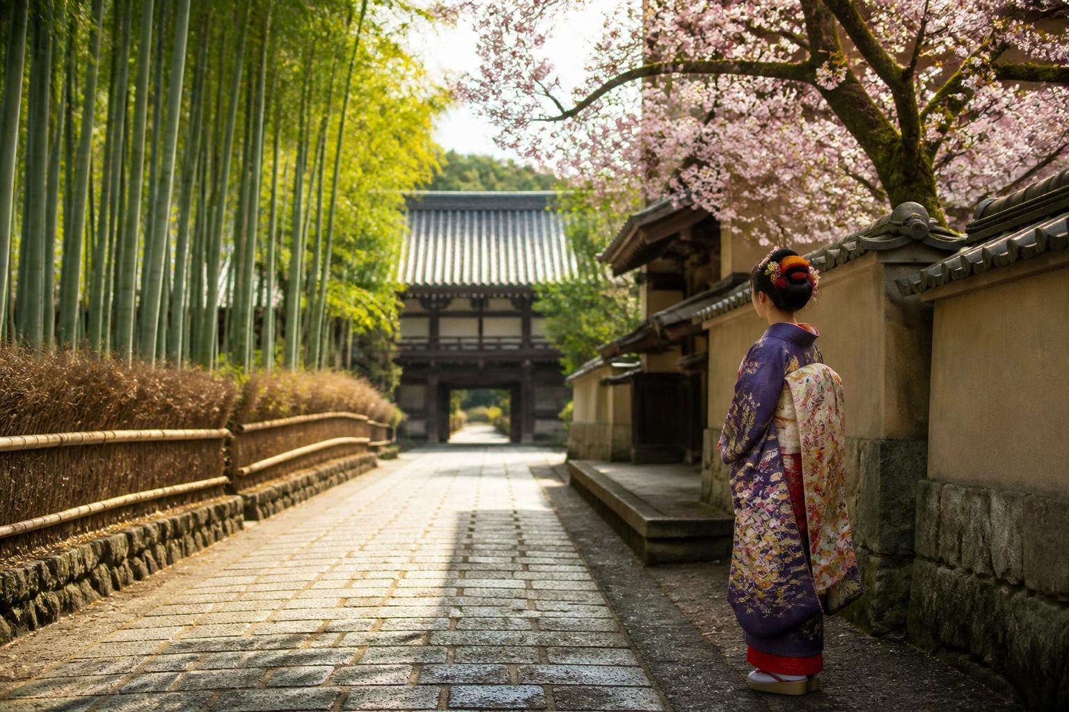 Woman in a purple floral kimono stands on a stone path beside bamboo and cherry blossoms, with a traditional gate in the distance.