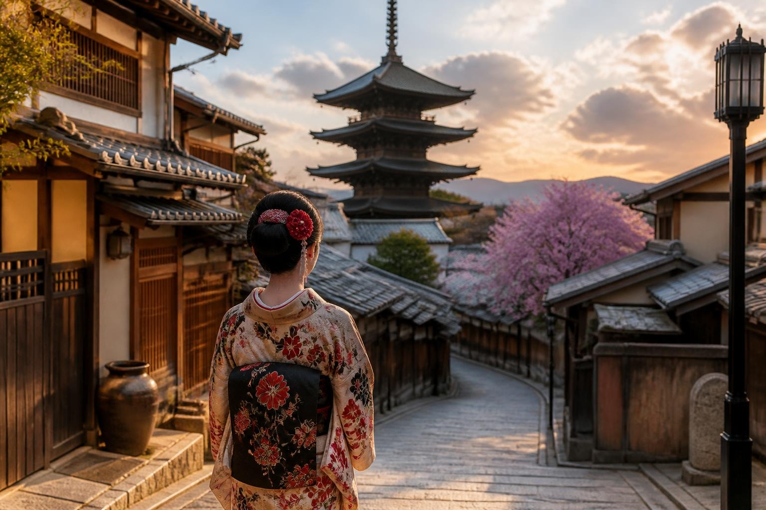Woman in a floral kimono with a red obi walks down a stone street toward a pagoda, cherry blossoms blooming at sunset.