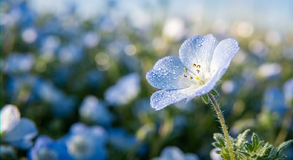 Close-up of a pale blue flower with dew drops on its petals in a field of blue blossoms