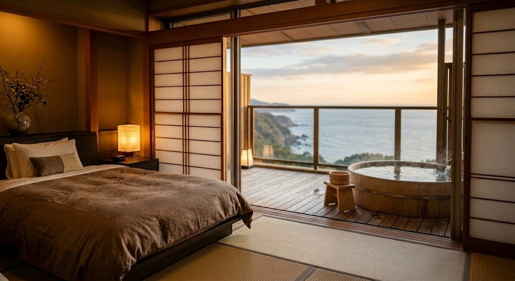 Bedroom in a Japanese-style room with sliding shoji doors opening to a balcony and an outdoor hot tub overlooking the sea at sunset