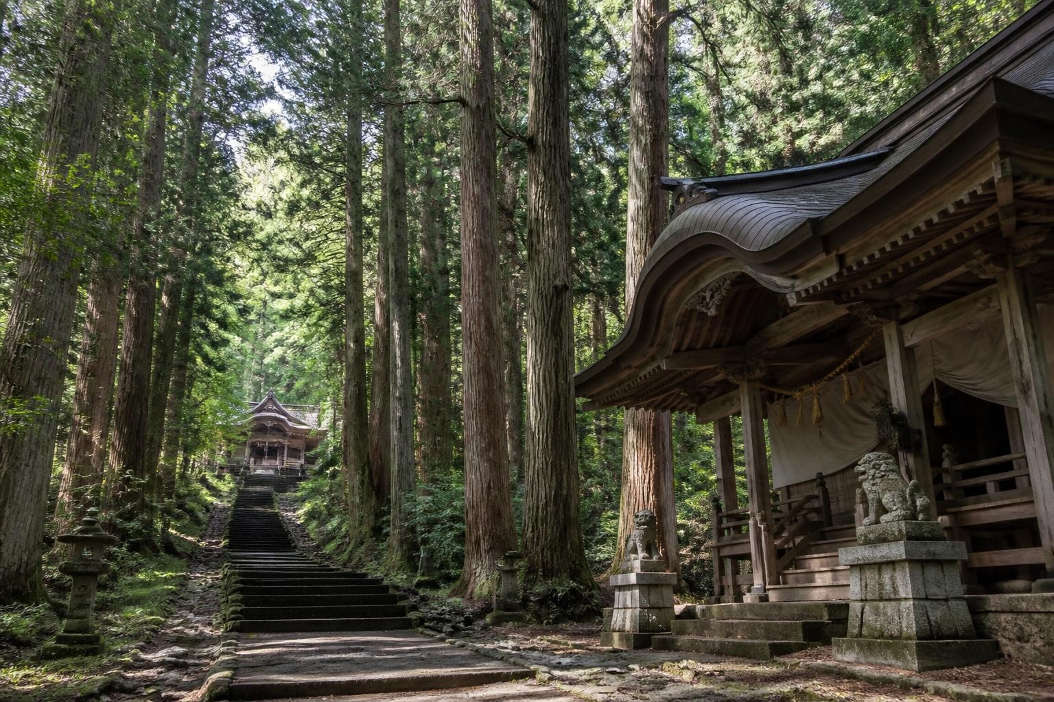 Stone steps wind through a dense forest toward a small wooden shrine in the distance, flanked by tall trees.