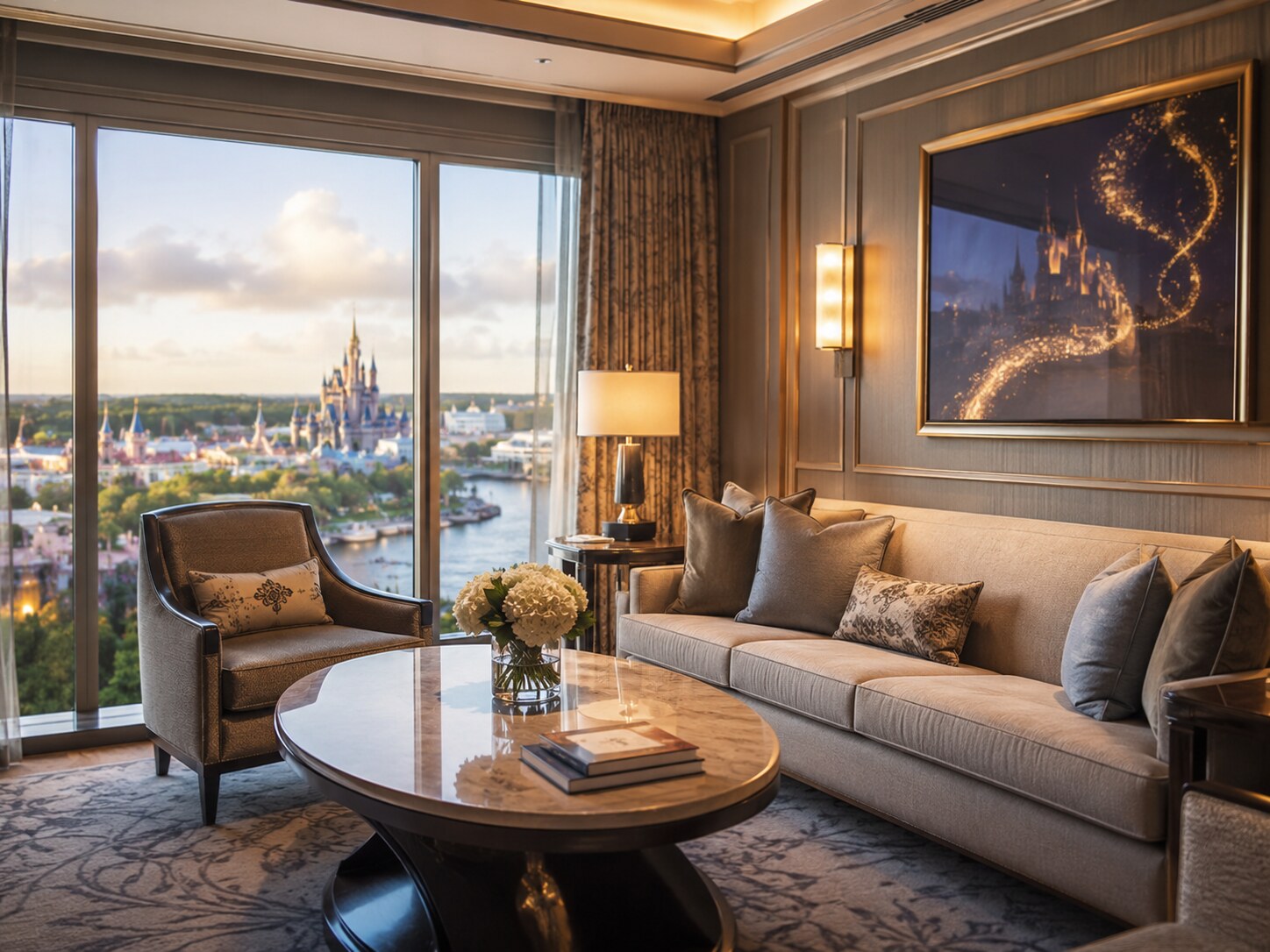 A brightly lit, luxurious hotel suite living area with a large window overlooking a scenic theme park view.