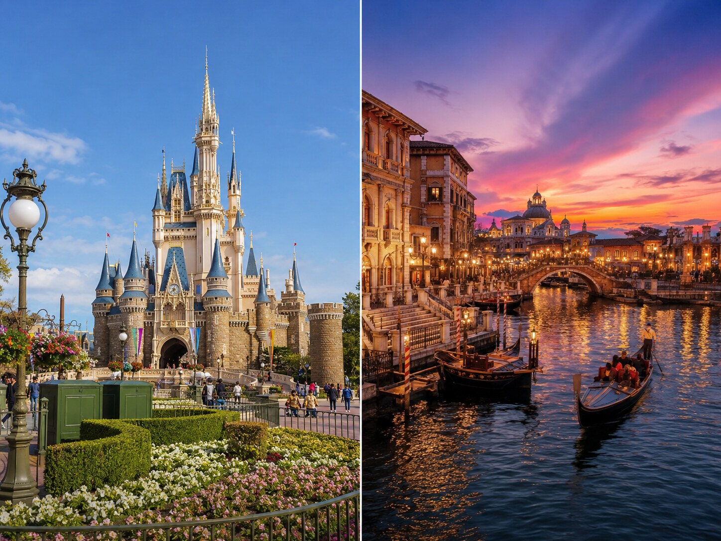 A side-by-side visual comparison showing the classic Cinderella Castle at Disneyland and the elegant canals of DisneySea.