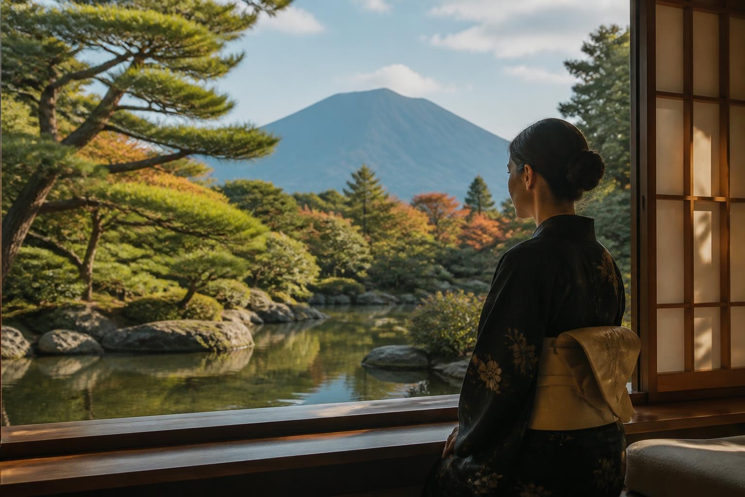 Person in a dark kimono with an obi stands at a wooden window, gazing over a tranquil Japanese garden with a pond and Mount Fuji in the distance.