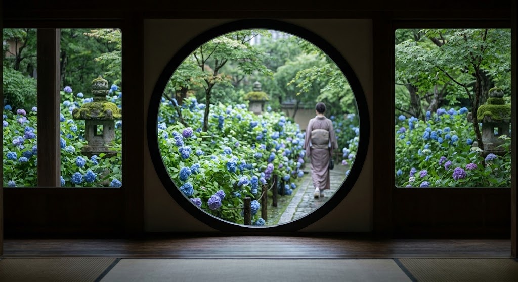A view through a perfect circular window reveals a lush garden of vibrant blue hydrangeas and a solitary figure in a kimono walking in soft rain.