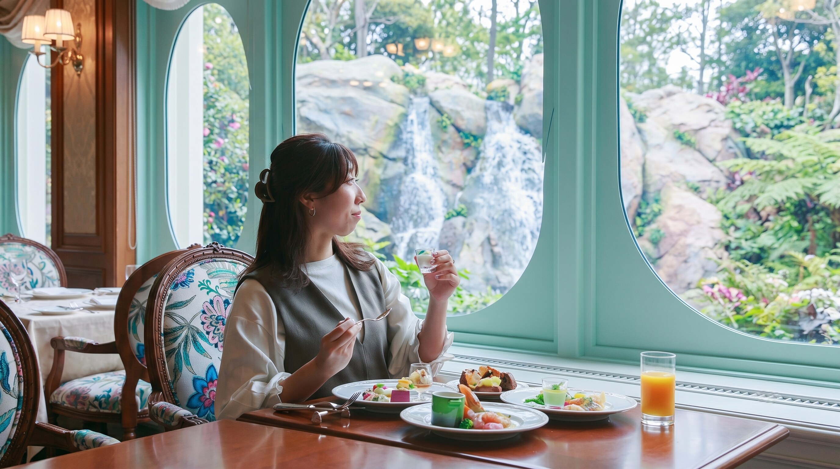 An upscale fine dining table setup at an exclusive Tokyo Disney Resort restaurant with gourmet cuisine.