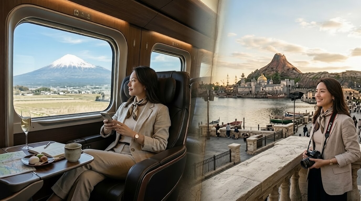 A luxury travel montage showing a first-class bullet train window view of Mt. Fuji alongside Tokyo DisneySea, representing a bespoke Japan itinerary.