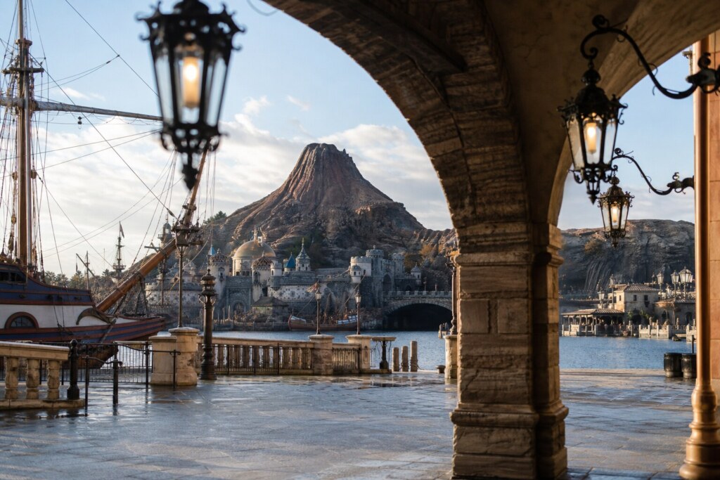 Stone archway with ornate lampposts overlooking a harbor with a sailing ship and distant castle and rocky hill.
