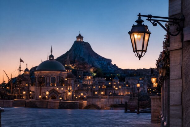 Evening view of a themed waterfront with illuminated lampposts, domed buildings, and a rocky mountain in the background at sunset