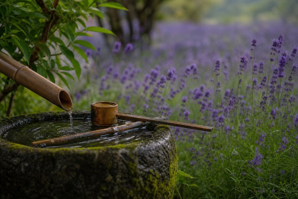 Stone basin with a bamboo water spout pouring into it, mossy edges, set beside a field of purple lavender in bloom.